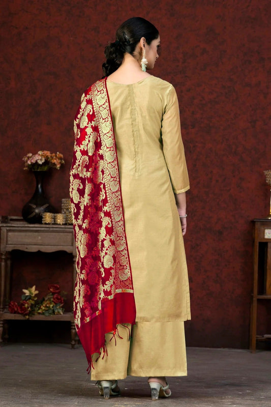 Beige Unstitched Banarasi Jacquard Palazoo Pant Suit NCUS11610099
