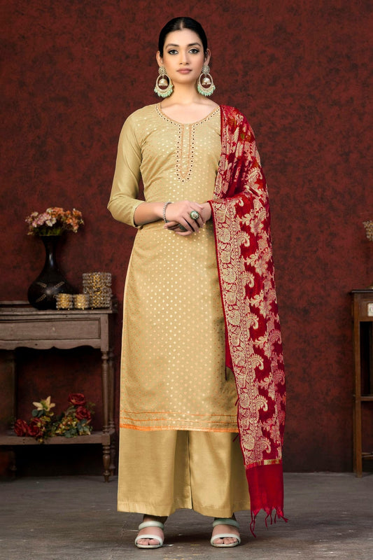 Beige Unstitched Banarasi Jacquard Palazoo Pant Suit NCUS11610099