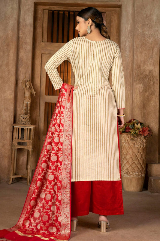 Beige Unstitched Cambric Cotton Palazoo Pant Suit NCUS11610148