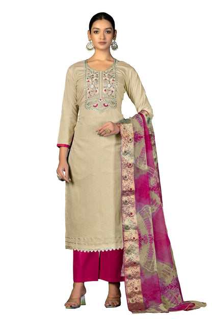 Beige Unstitched Cambric Cotton Straight Suit NCUS11610306