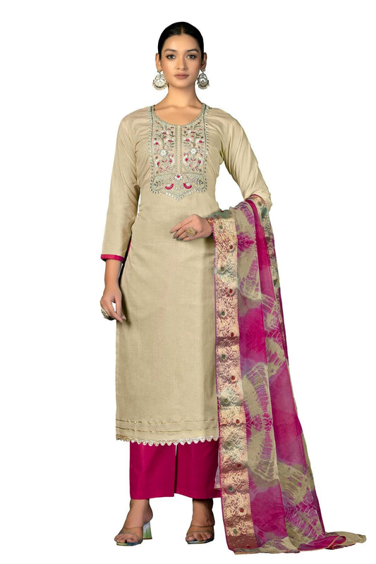Beige Unstitched Cambric Cotton Straight Suit NCUS11610306