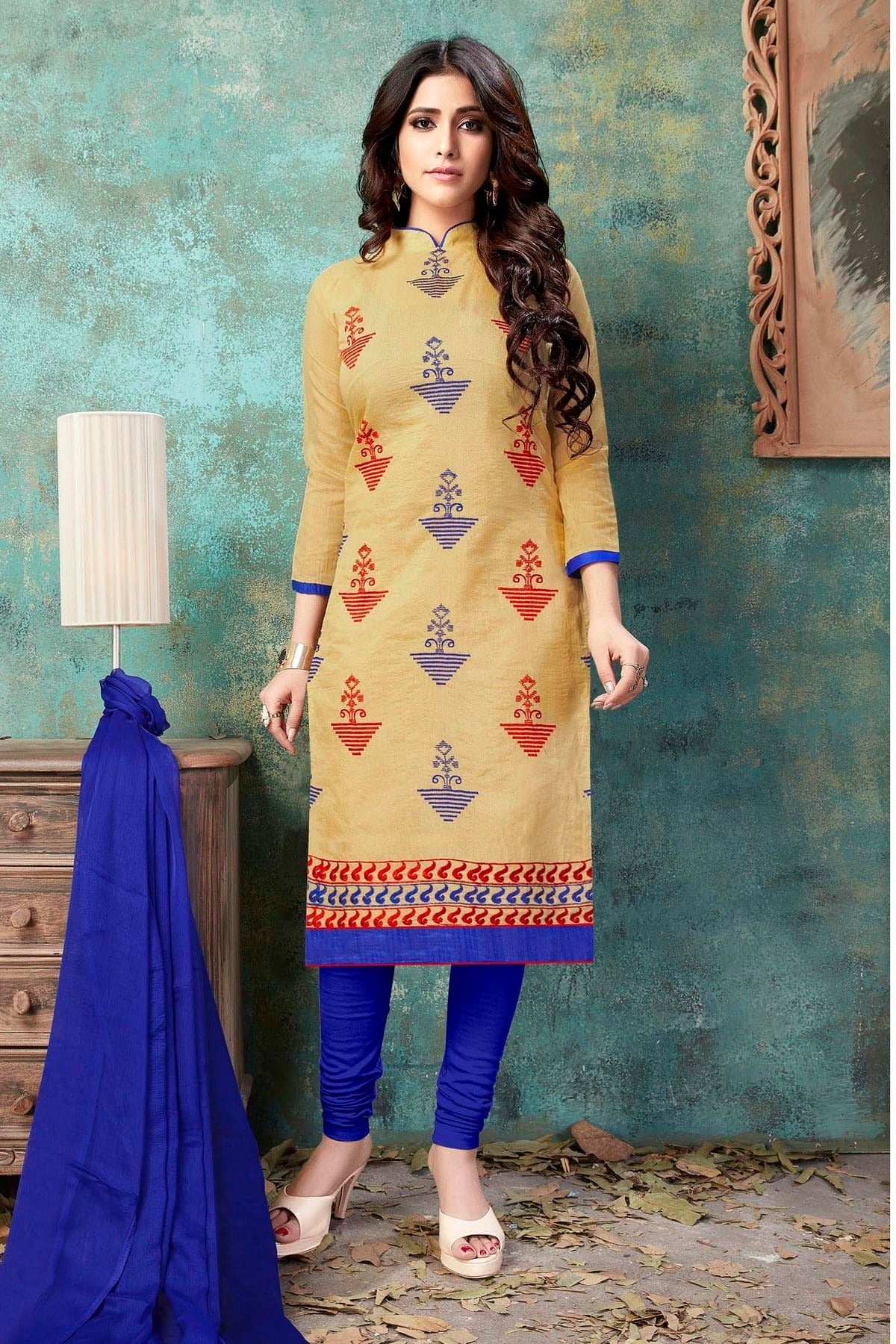 Beige Unstitched Chanderi Cotton Straight Suit NCUS11610209