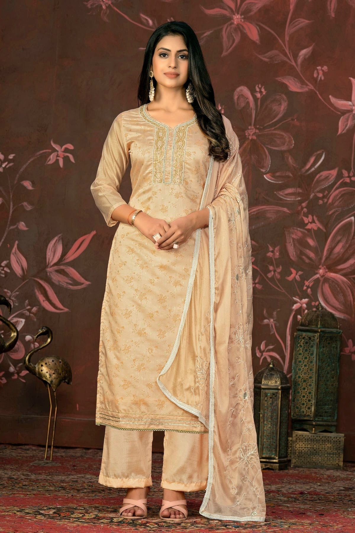 Beige Unstitched Cotton Jacquard Straight Suit NCUS11610169