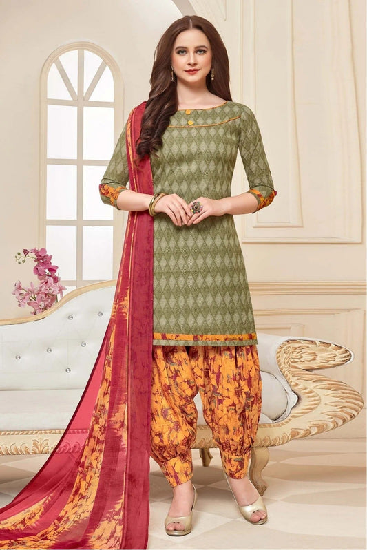 Beige Unstitched Cotton Printed Patiala Suit NCUS11610498