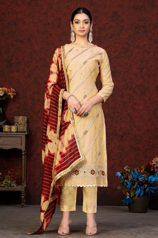 Beige Unstitched Modal Chanderi Straight Suit NCUS11610359