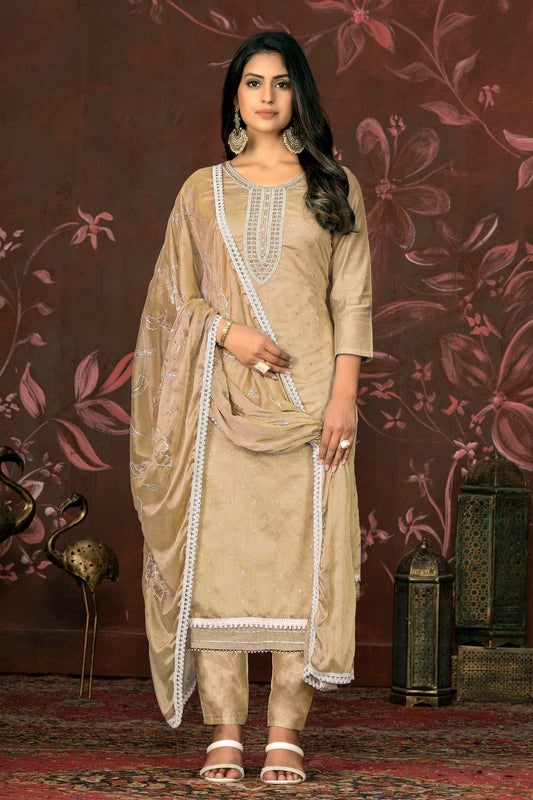 Beige Unstitched Modal Cotton Pant Style Suit NCUS11610177