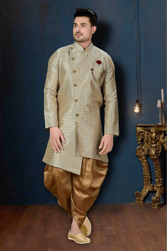 Beige and Blue Jacquard Party Wear Dhoti Sherwani NCSH10410329-10