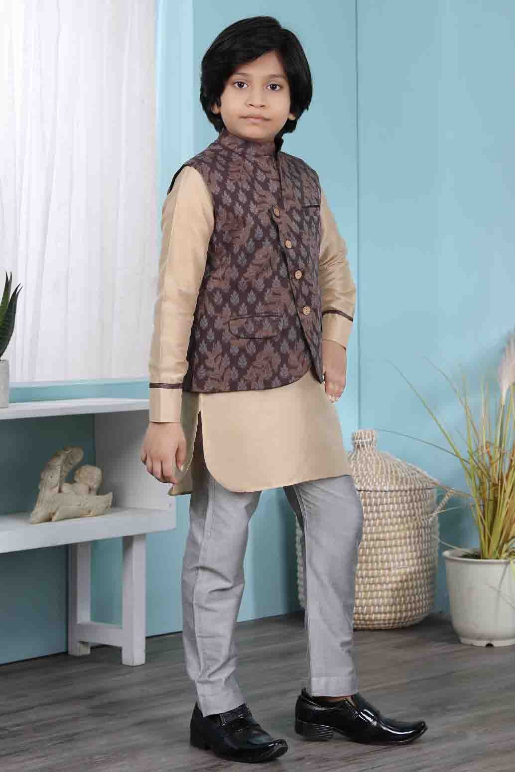 Beige and Brown Cotton Silk Kurta PajamaWith Jacket  NCBW10710713