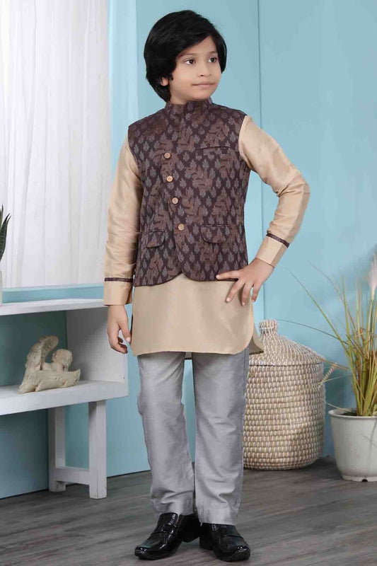 Beige and Brown Cotton Silk Kurta PajamaWith Jacket NCBW10710713