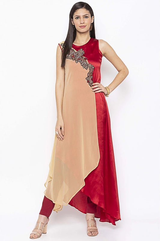 Beige and Maroon Plus Size Georgette Embroidery Kurta Set NCKR10710466