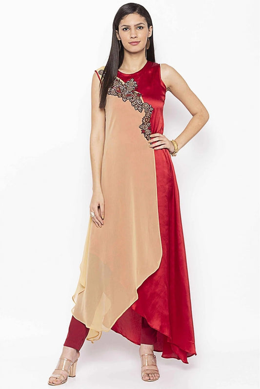 Beige and Maroon Plus Size Georgette Embroidery Kurti NCKR10710441