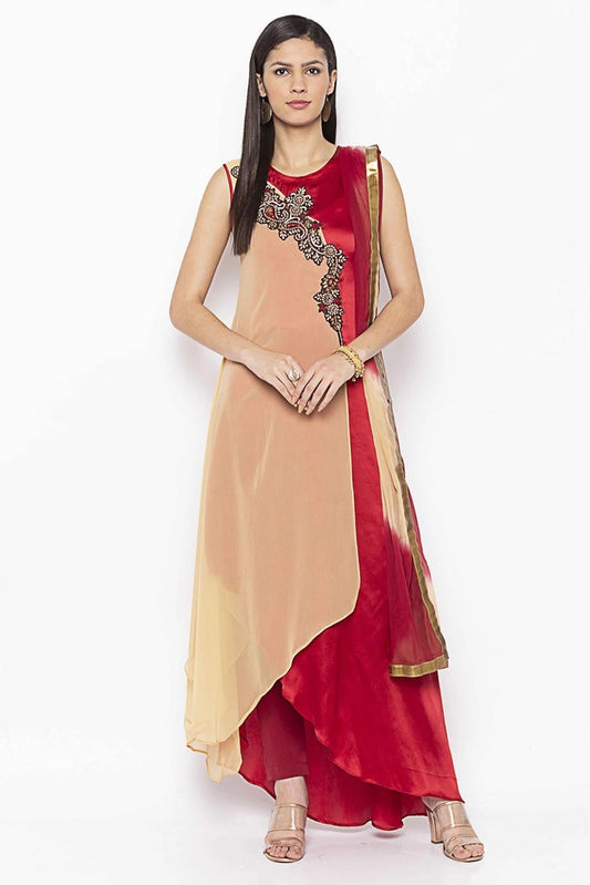 Beige and Maroon Plus Size Georgette Embroidery Pant Style Suit NCSS10710659