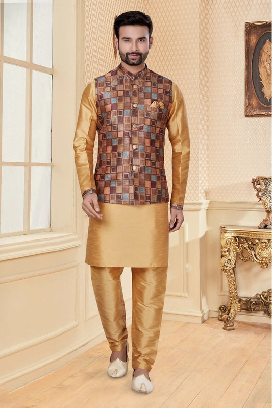 Beige and Multi Kurta PajamaWith Jacket In Silk Dupion NCKP10410718