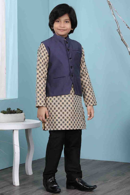 Beige and Navy Blue Handloom Silk Kurta PajamaWith Jacket  NCBW10710716-10