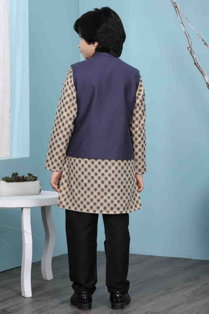 Beige and Navy Blue Handloom Silk Kurta PajamaWith Jacket  NCBW10710716-10
