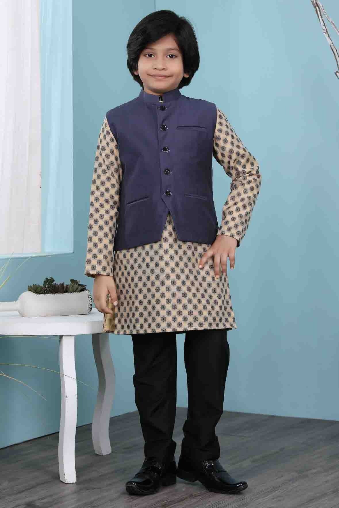 Beige and Navy Blue Handloom Silk Kurta PajamaWith Jacket NCBW10710716-10