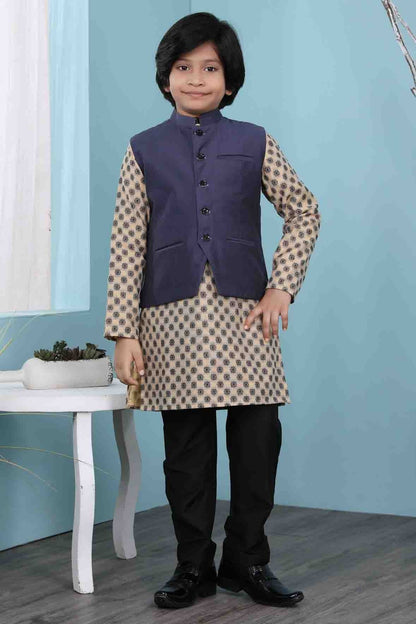 Beige and Navy Blue Handloom Silk Kurta PajamaWith Jacket NCBW10710716-10