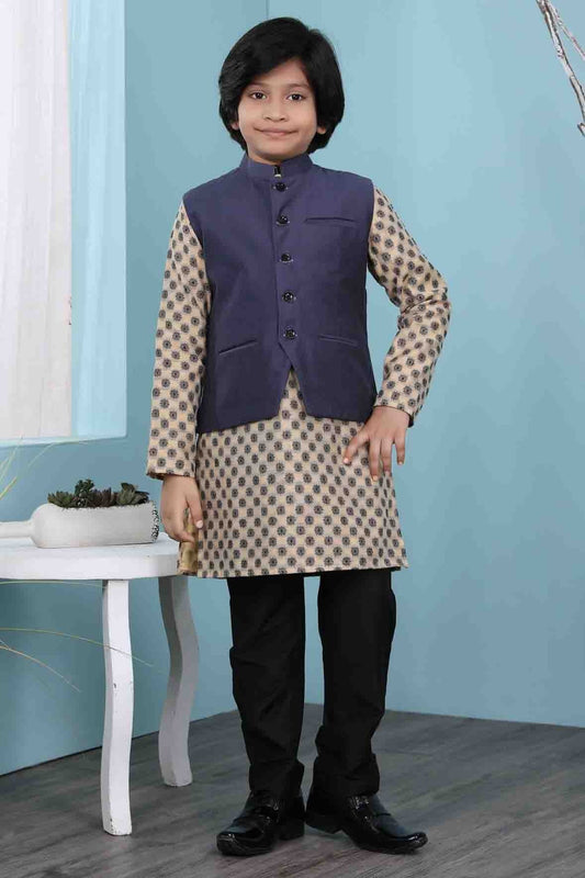 Beige and Navy Blue Handloom Silk Kurta PajamaWith Jacket NCBW10710716-10