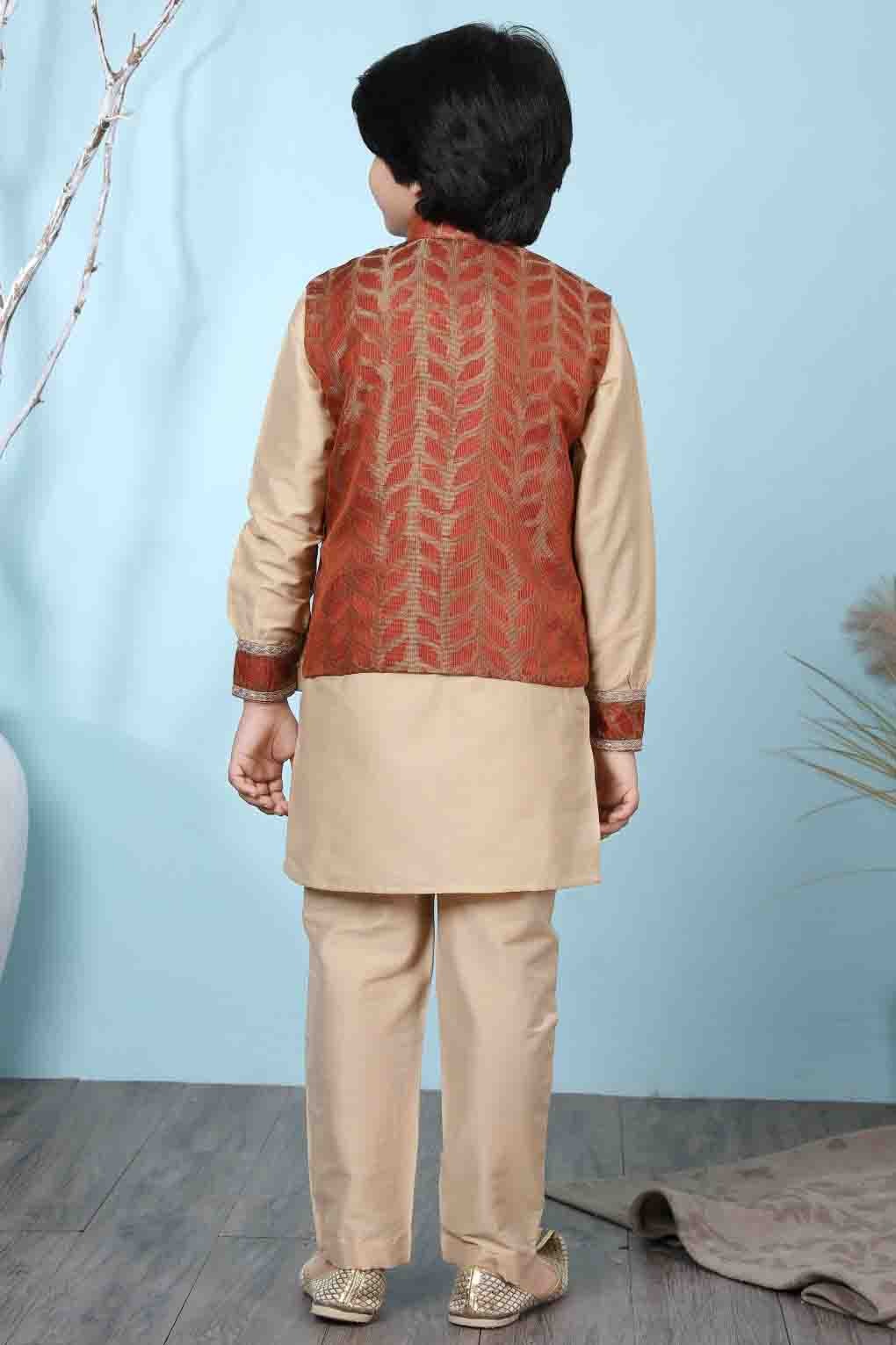 Beige and Rust Cotton Silk Kurta PajamaWith Jacket  NCBW10710703