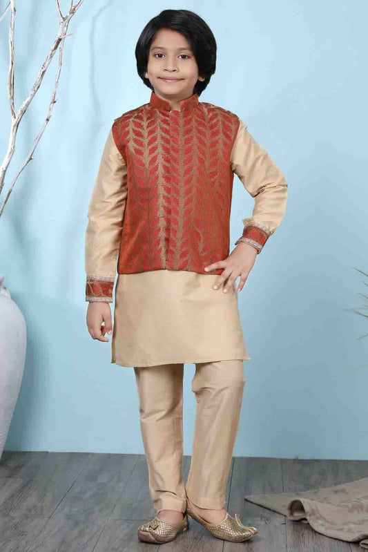 Beige and Rust Cotton Silk Kurta PajamaWith Jacket NCBW10710703