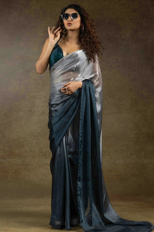 Beige and Teal Fendi Satin Silk Ready To Wear Saree NCSD11210142