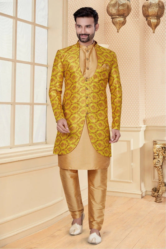 Beige and Yellow Silk Dupion Indo Western NCSH10410351