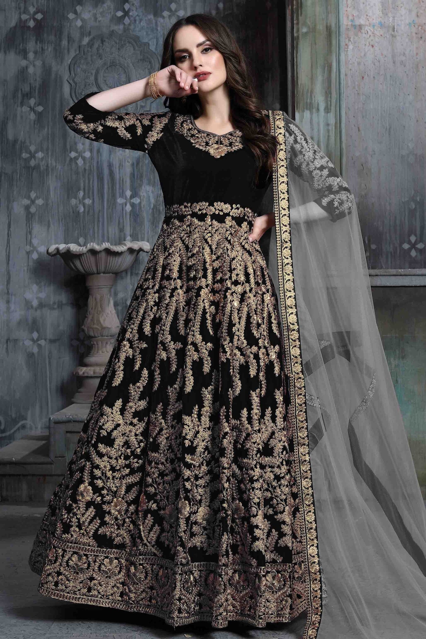 Black 9000 Velvet Semi Stitched Anarkali Suit NCSM10510378