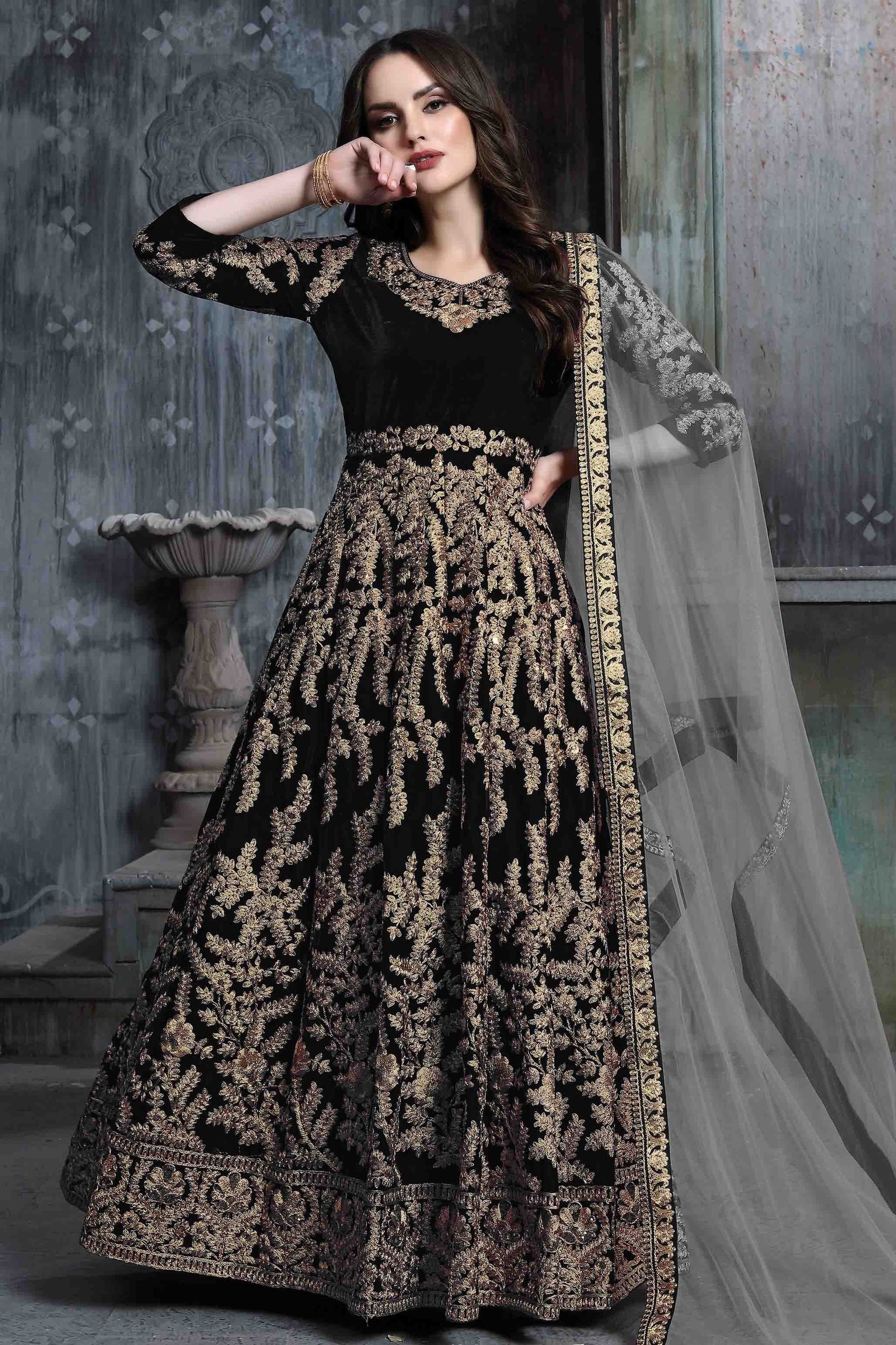 Black 9000 Velvet Semi Stitched Anarkali Suit NCSM10510378