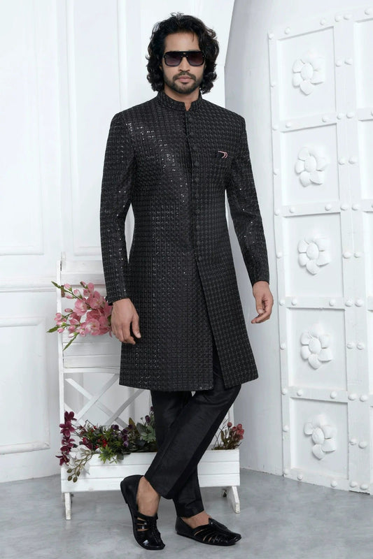 Black Art Silk Indowestern Sherwan With Aligadhi Pant  NCSH12310349