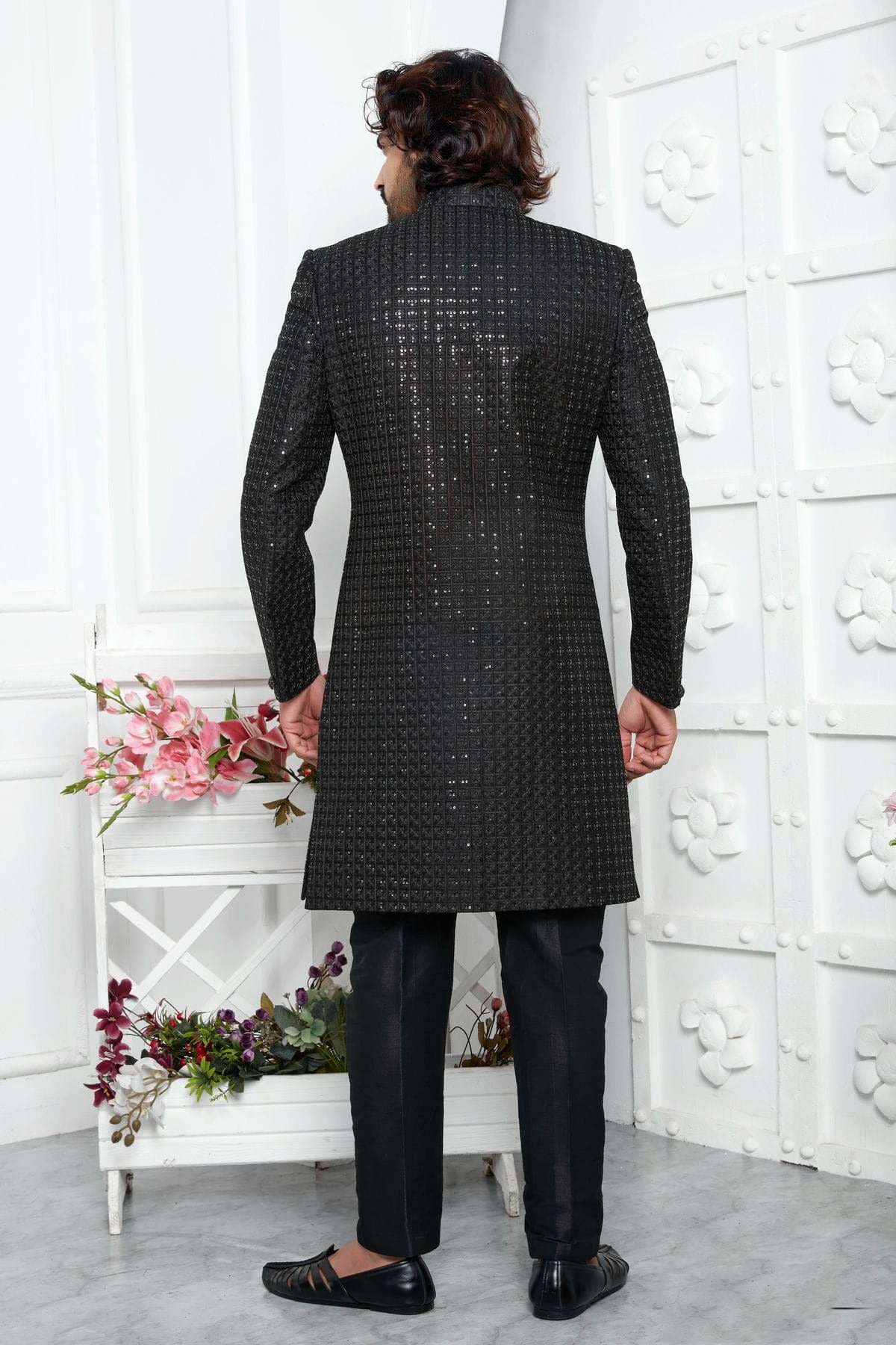 Black Art Silk Indowestern Sherwan With Aligadhi Pant  NCSH12310349