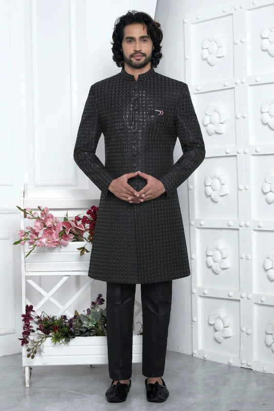 Black Art Silk Indowestern Sherwan With Aligadhi Pant NCSH12310349