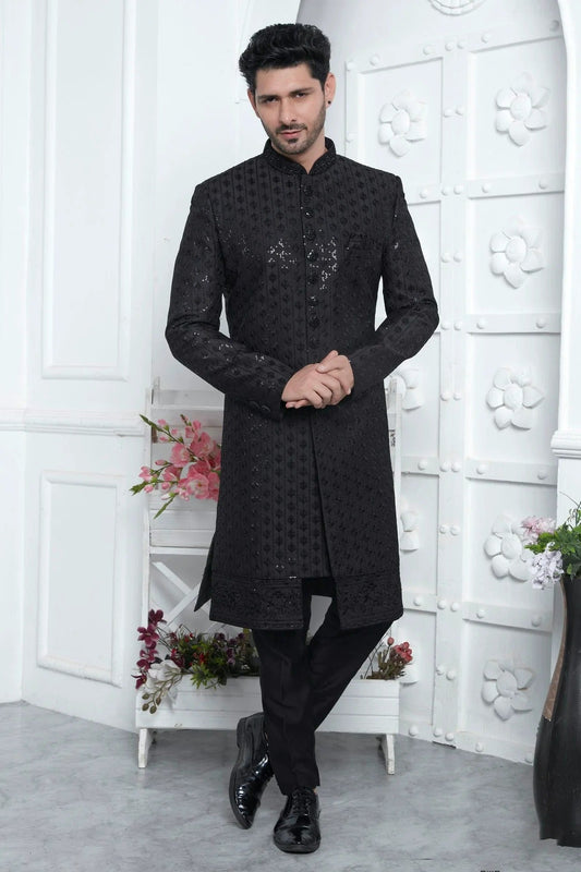 Black Art Silk Indowestern Sherwan With Aligadhi Pant NCSH12310355