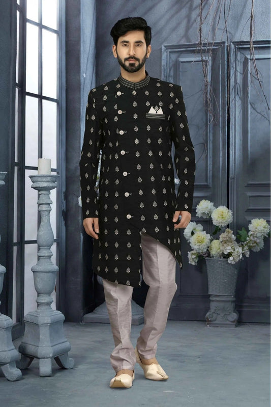 Black Art Silk Thread Sherwani NCSH10410438