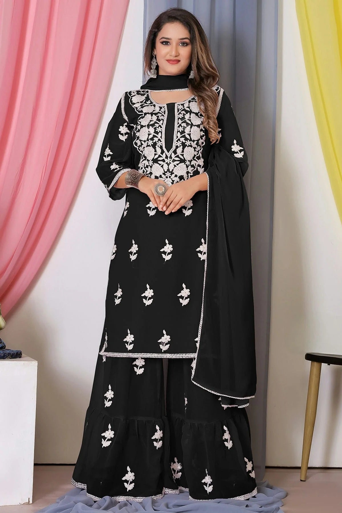 Black Bamber Georgette Sharara Suit NCSM11112404