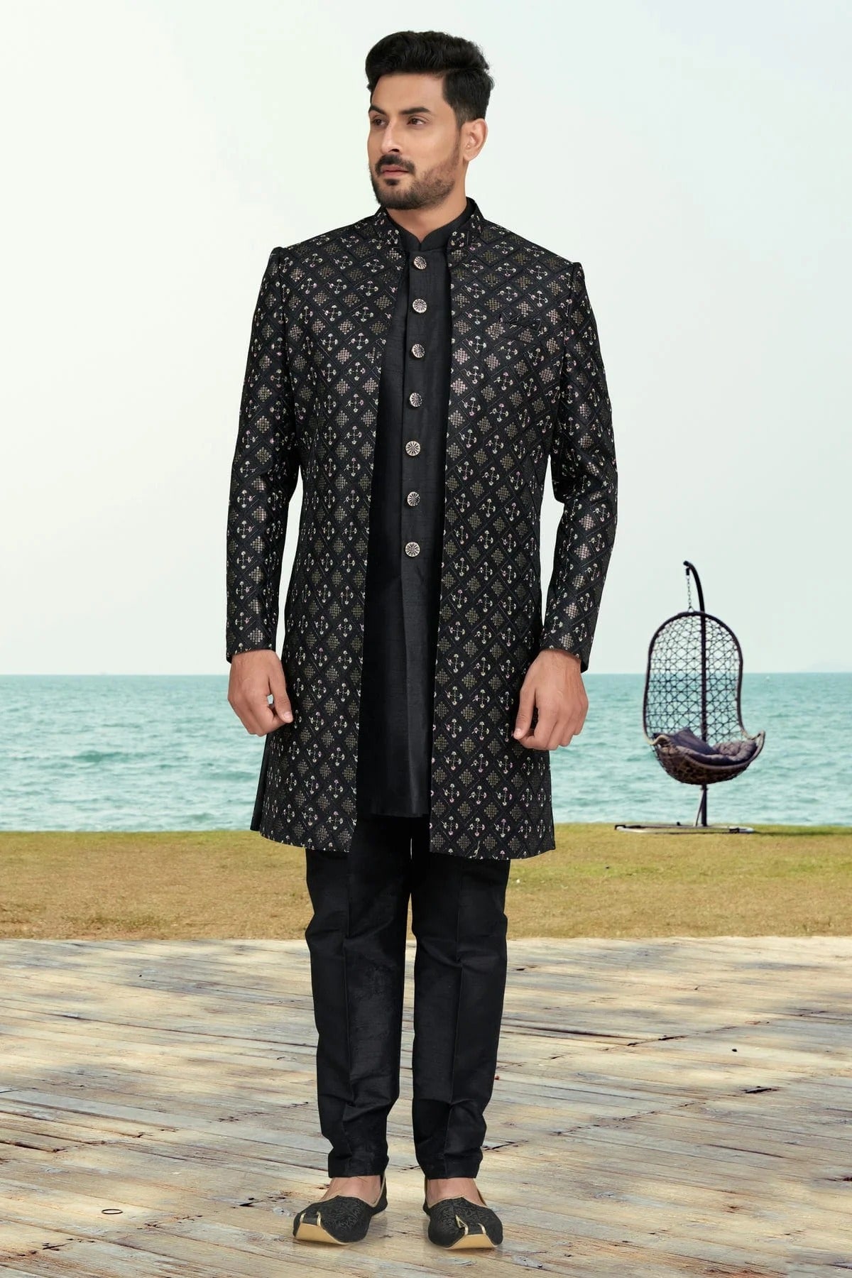 Black Banarasi Silk Sherwani NCSH10410276