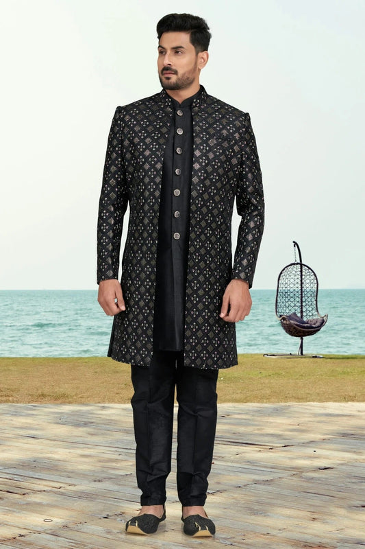 Black Banarasi Silk Sherwani NCSH10410276