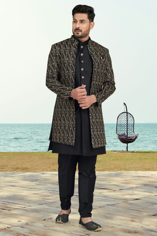 Black Banarasi Silk Sherwani NCSH10410277