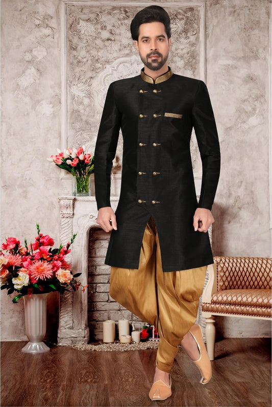 Black Brocade Silk Dhoti Sherwani NCSH10410395