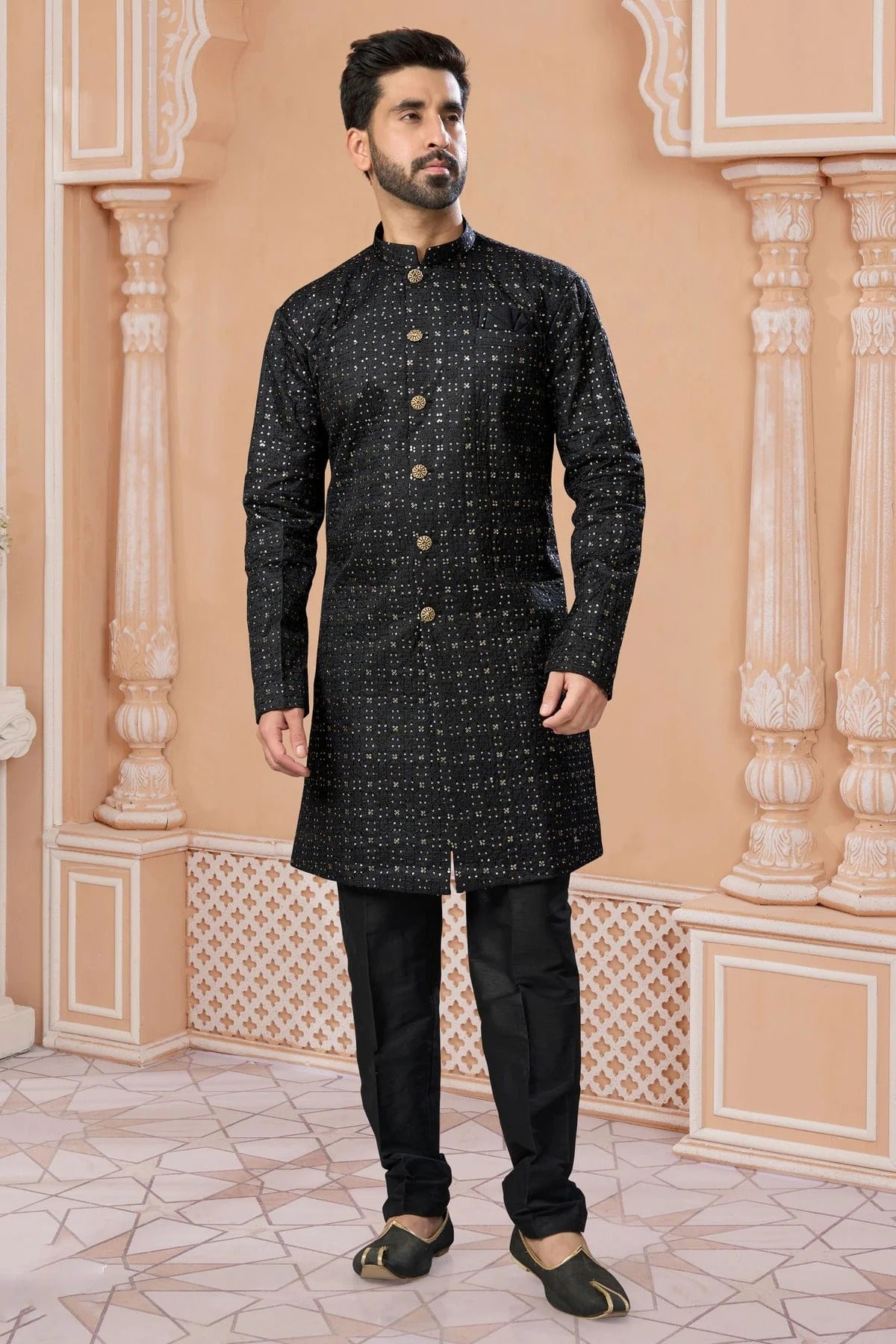 Black Champion Silk Sherwani NCSH10410256