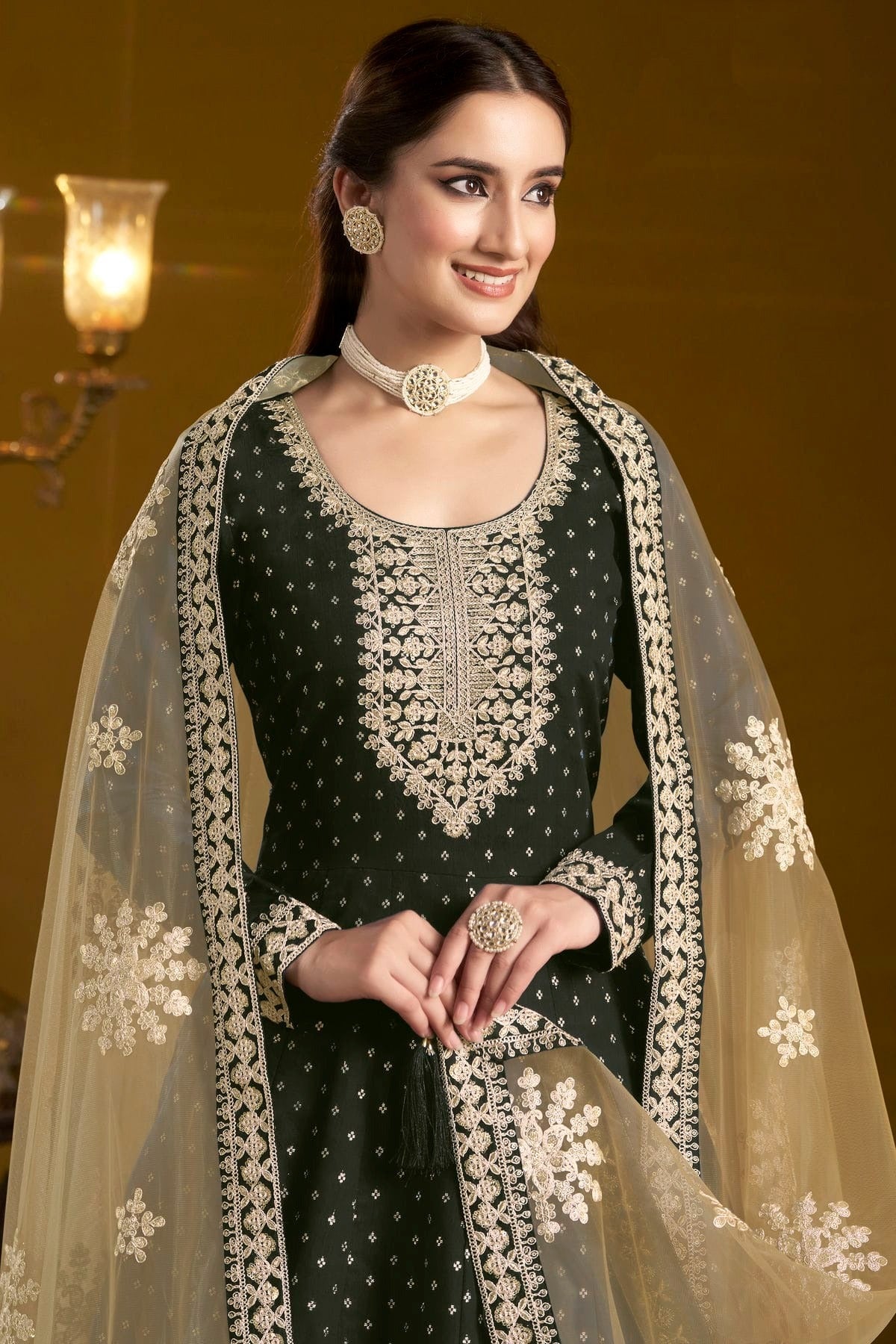 Black Chanderi Butti Semi Stitched Anarkali Suit NCSM10510162