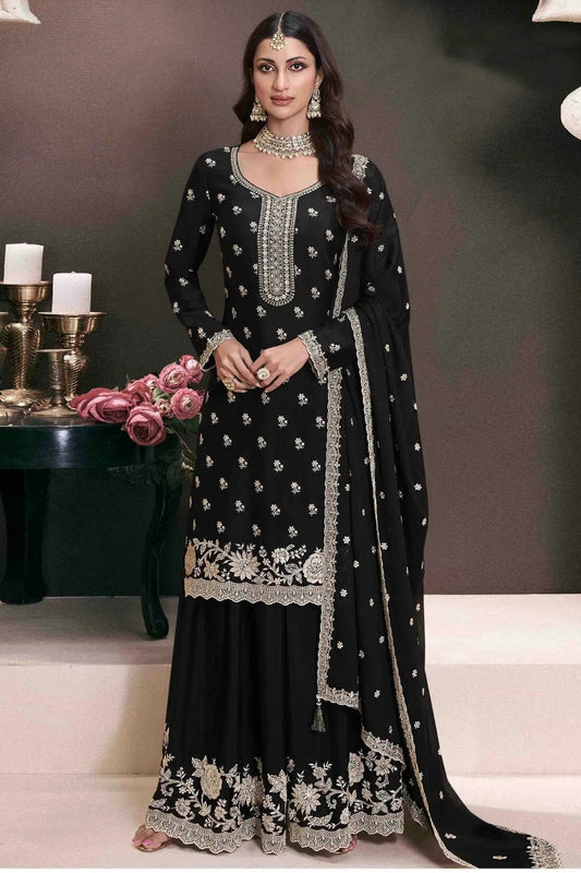 Black Chinon Palazzo Pant Suit NCSM11410099