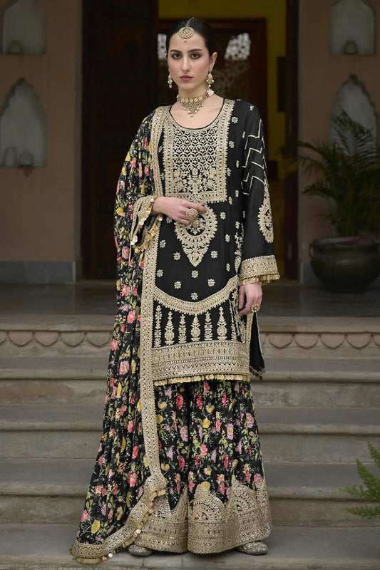 Black Chinon Palazzo Pant Suit NCSM11410541