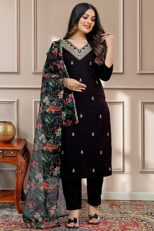 Black Cotton Blend Stitched Salwar Suit NCSS11111572