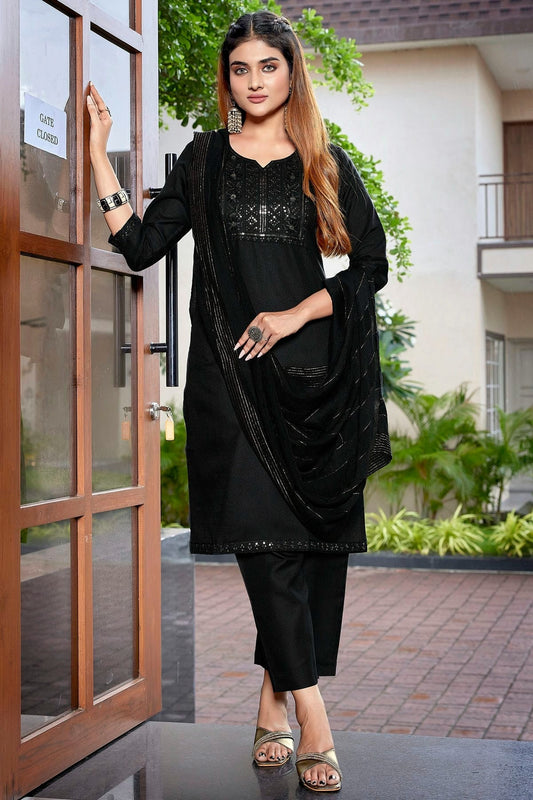 Black Cotton Blend Stitched Suit NCSS11111395
