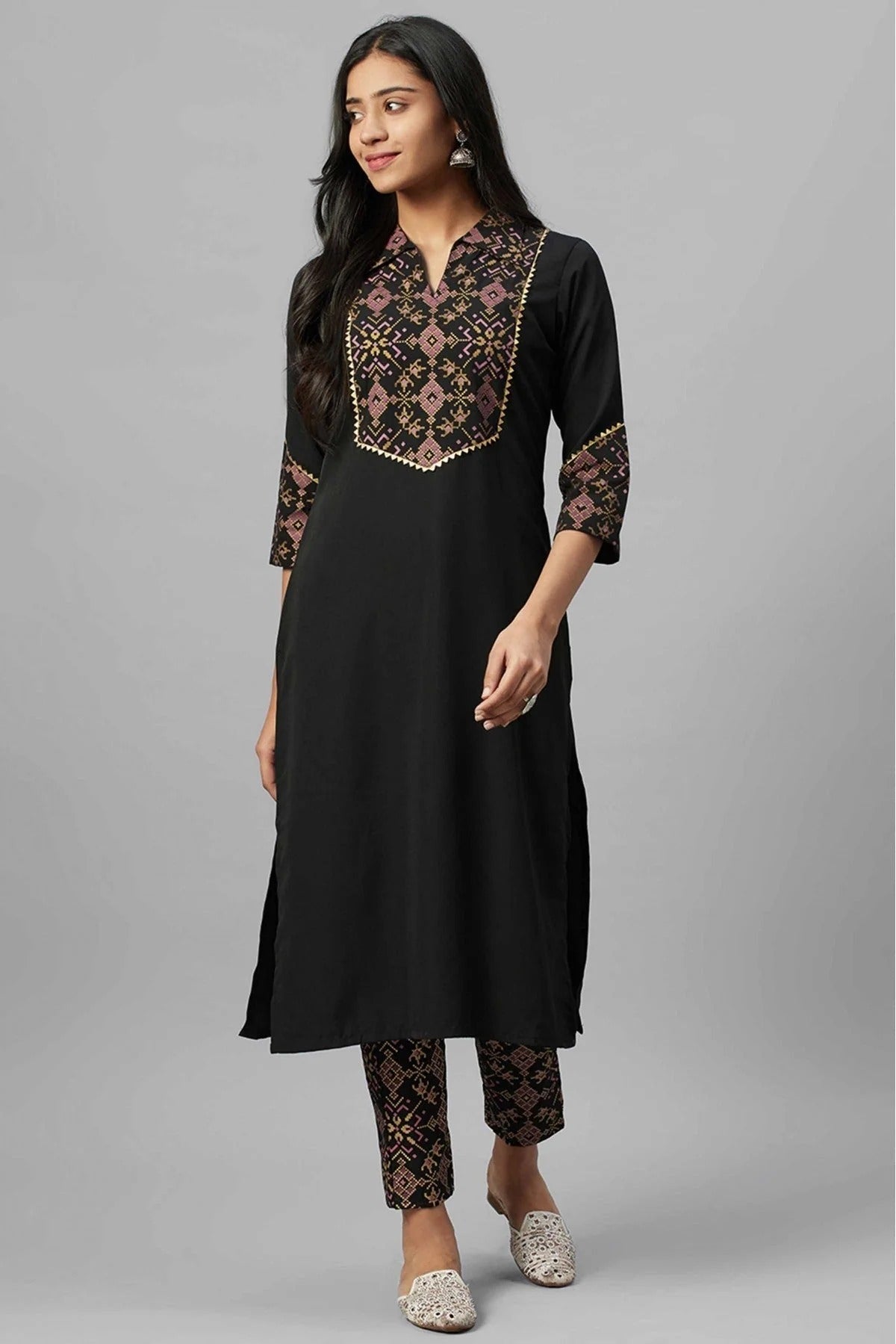 Black Crepe Foil Print Kurti NCKR10610197