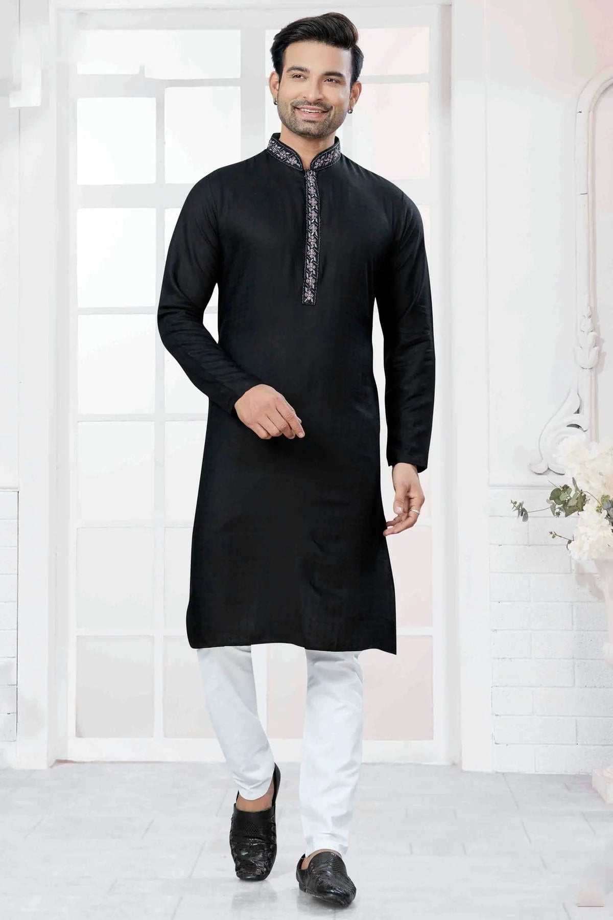 Black Embroidery Cotton Kurta Pajama NCKP11110549