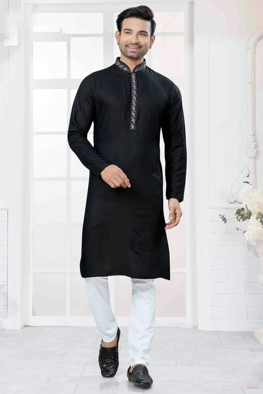 Black Embroidery Cotton Kurta Pajama NCKP11110549