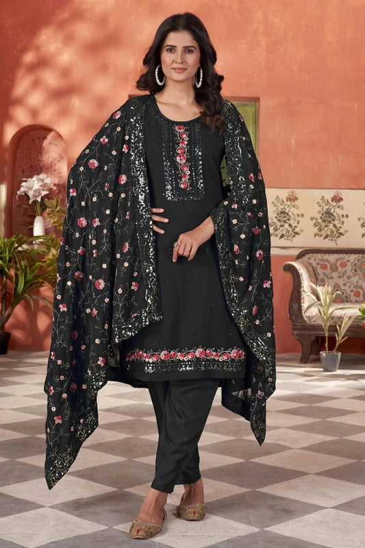 Black Embroidery Georgette Stitched Suit NCSS11111269