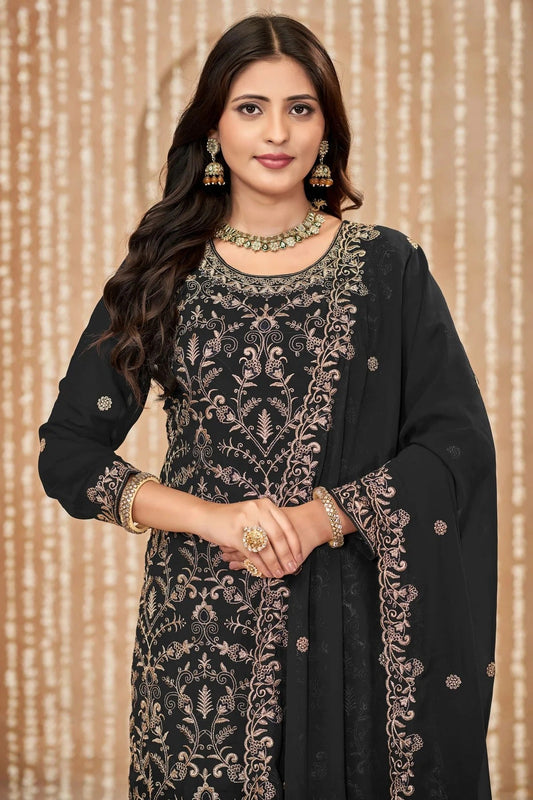 Black Faux Georgette Pant Style Suit NCSM10510194