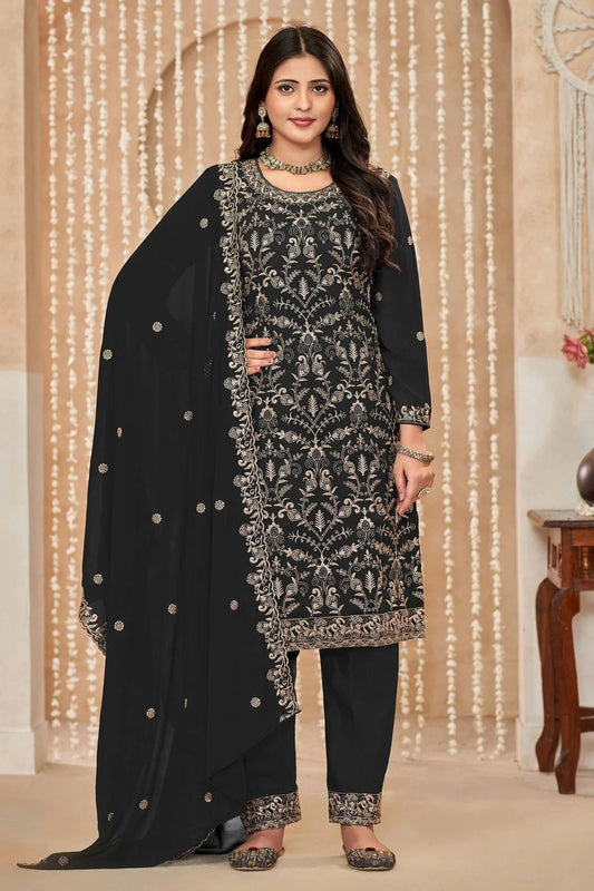 Black Faux Georgette Pant Style Suit NCSM10510194